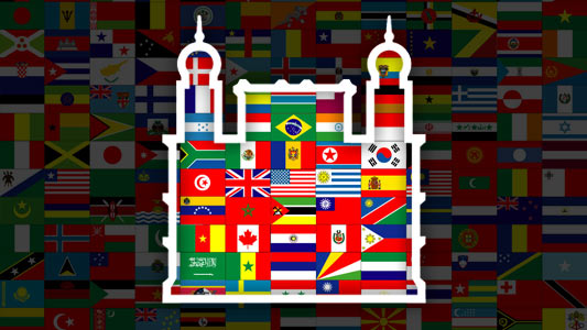 Arte com bandeiras internacionais e logomarca da Fiocruz