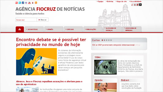 Reprodução da página inicial do site da Agência Fiocruz