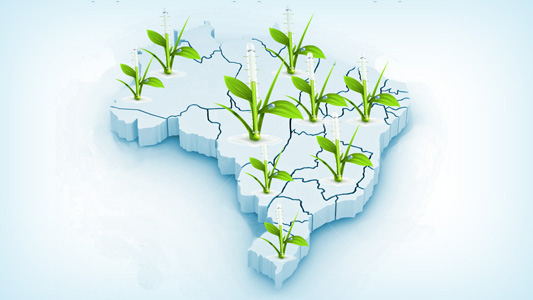 Ilustração de mapa do Brasil com termômetros ambientais saltando dos estados