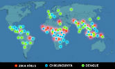Mapa mundi com indicações dos países que ocorrem cada uma das doenças