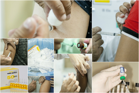 Montagem com váras fotos de pessoas tomando vacina