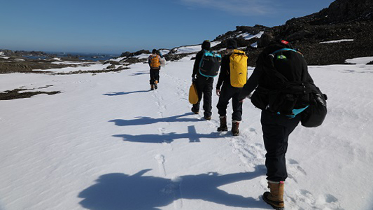 Pesquisadores da Fiocruz caminhando na Antártica