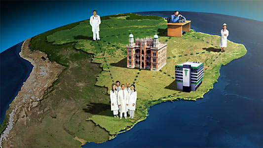 Profissionais e edificações médicas sobre mapa do Brasil