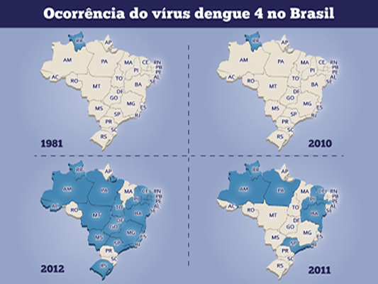 Infográfico sobre o avanço da dengue tipo 4 no Brasil