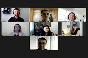 Reprodução de reunião em plataformas online com várias pessoas em mosaico
