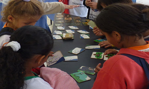 Crianças brincam com jogo da memória sobre habitos das cobras