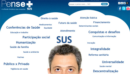 Foto da página inicial do site PenseSUS com os verbetes da saúde e a imagem de um idoso olhando a palavra SUS