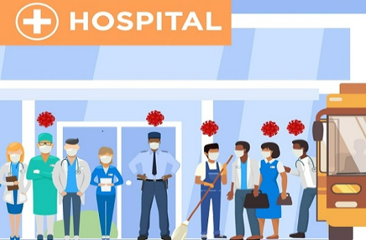 Desenho de pessoas em frente a um hospital