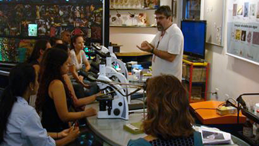 Imagem de pessoas conversando ao redor de uma mesa, professor e alunos