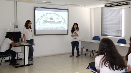 Imagem de estudantes apresentando trabalho em sala de aula