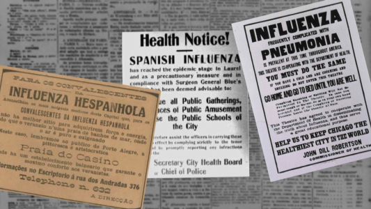 Três recortes de jornais da época da gripe espanhola