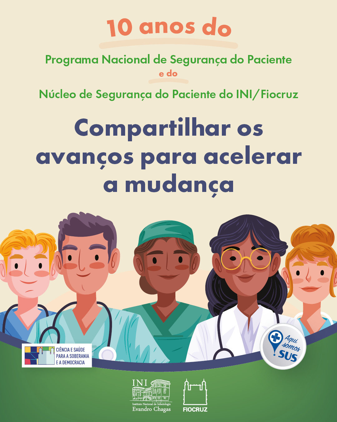 Card com ilustrações com vários tipos de profissionais de saúde, como médicos, médicas, enfermeiros, enfermeiras e auxiliares de enfermagem.