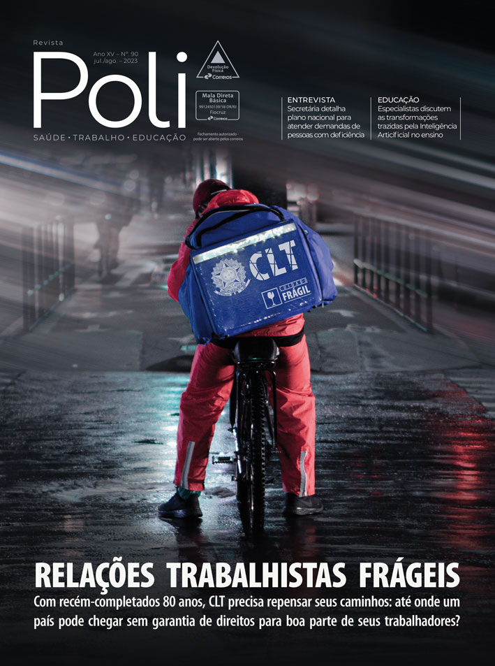 Capa da revista mostra um entregador de comida em uma bicicleta na rua em um dia de chuva forte