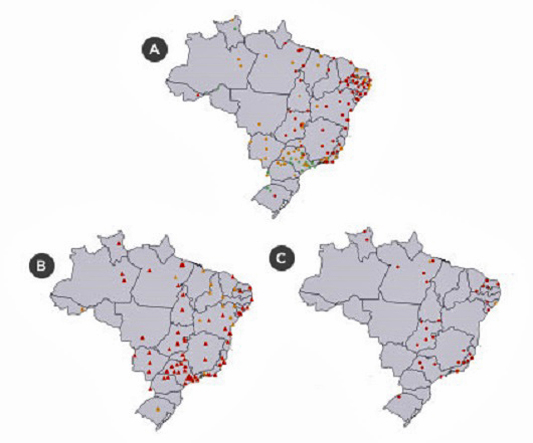 Mapa do Brasil mostrando as cidades mais atingidas pelas arbovirozes