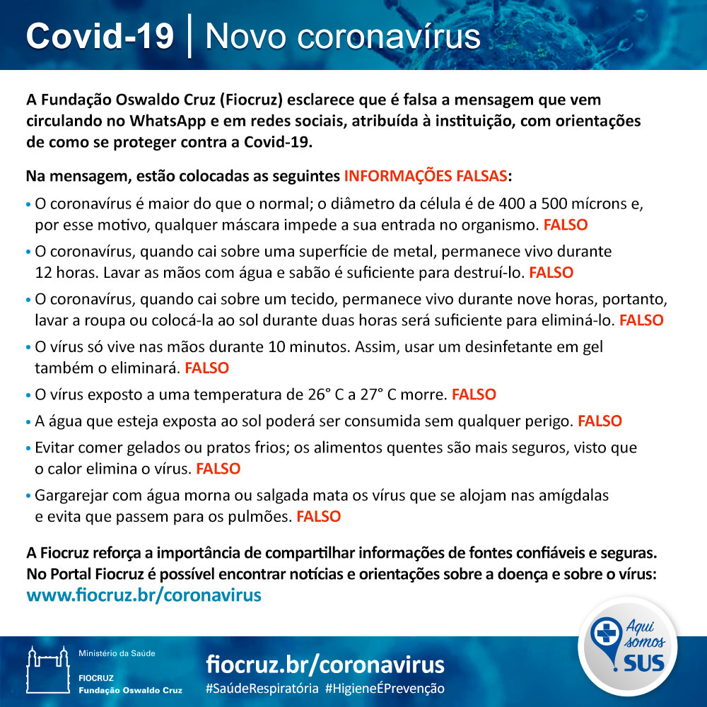 Fiocruz esclarece informações falsas sobre coronavírus