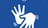 Fundo azul, com a silhueta de um corpo com duas mãos brancas, representando o símbolo da linguagem brasileira de sinais, Libras