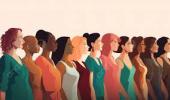 Imagem com fundo rosa, e uma fileira de mulheres de diversas etnias