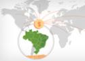 Desenho de mapa-mundi com Brasil em destaque e setas levando representação de dinheiro
