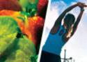 Imagem conjuga duas fotos: uma porção de legumes e frutas e uma mulher, de roupa de ginástica, fazendo alongamento