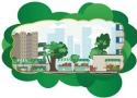Desenho de uma cidade mostrando ruas, prédios, árvores e carros