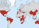 Mapa do mundo mostrando os países mais afetados pela tuberculose. Com execeção do México, a maioria dos casos se encontram no hemisfério sul