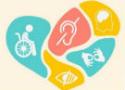 Coração com símbolos ligados a diversos tipos de deficiências