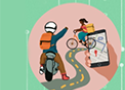Desenho de um motoqueiro e de uma ciclista, ambos carregando mochila nas costas, além da mão de uma mulher segurando um smartphone. Nele, aparece a imagem de um mapa e marcador de localização