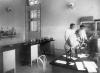 Na foto, Oswaldo Cruz observa um microscópio ao lado de seu filho Bento e de Burle de Figueiredo, no interior de um dos laboratórios do Castelo de Manguinhos, 1910